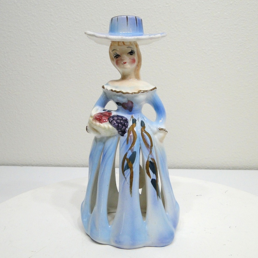 Lipper & Mann Blue Lady w Fruit Figurine Bell Candle Napkin Holder-VTG